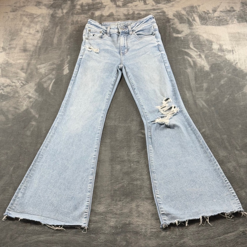 American Eagle Super High Rise Flare Jeans Distressed Light Wash 2 Regular